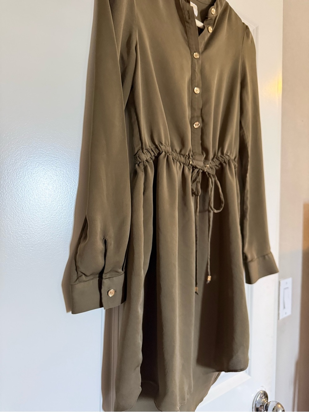 Michael Kors 100% Silk Olive Shirt Dress Drawstring Waist Size S - Picture 3 of 6